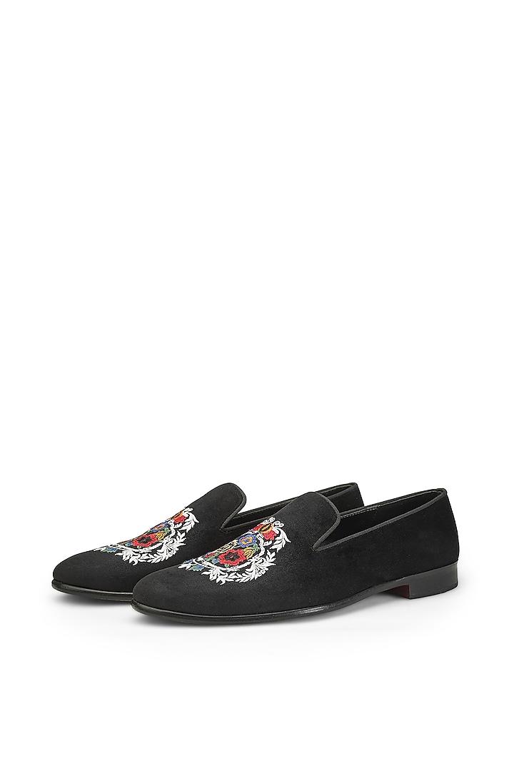Black Velvet Embroidered Slip-On Shoes by SHUTIQ at Pernia's Pop Up Shop