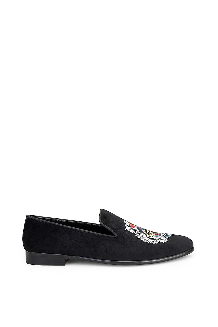 Black Velvet Embroidered Slip-On Shoes by SHUTIQ at Pernia's Pop Up Shop