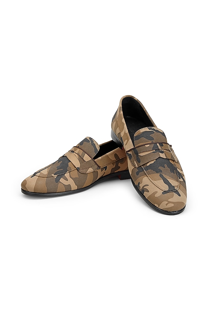 Brown Camouflage Fabric Slip-On Shoes by SHUTIQ at Pernia's Pop Up Shop