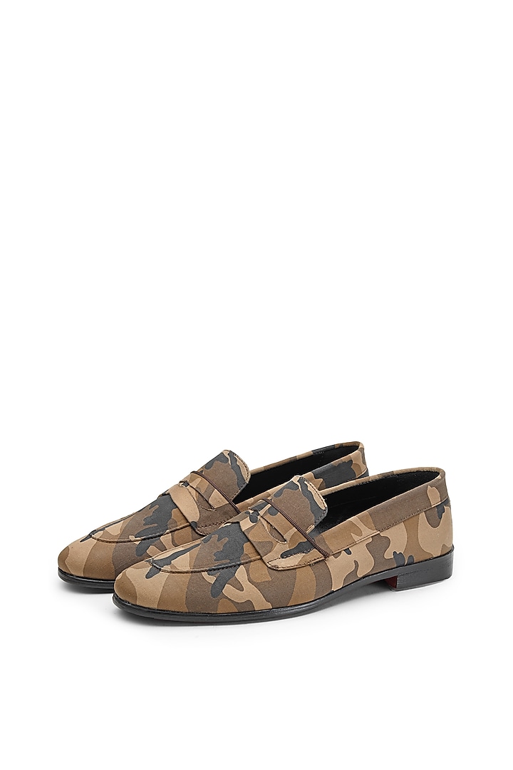 Brown Camouflage Fabric Slip-On Shoes by SHUTIQ at Pernia's Pop Up Shop