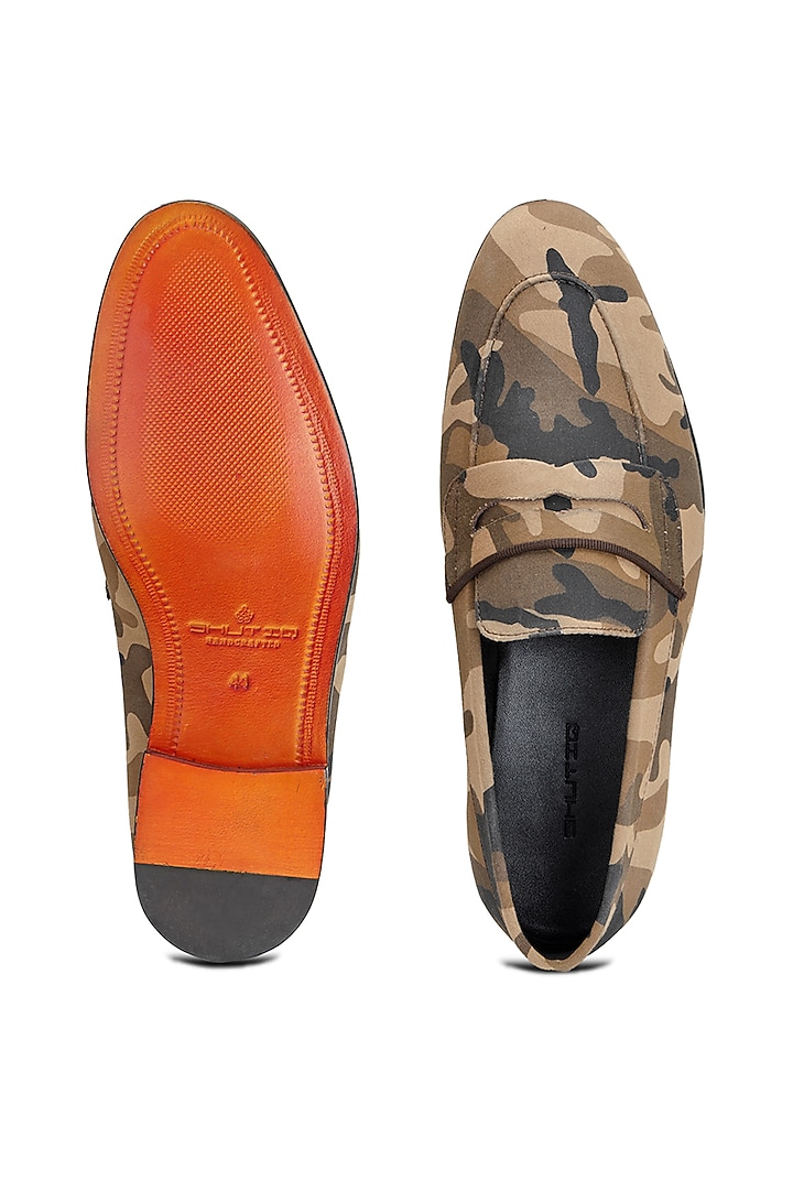 Brown Camouflage Fabric Slip-On Shoes by SHUTIQ at Pernia's Pop Up Shop