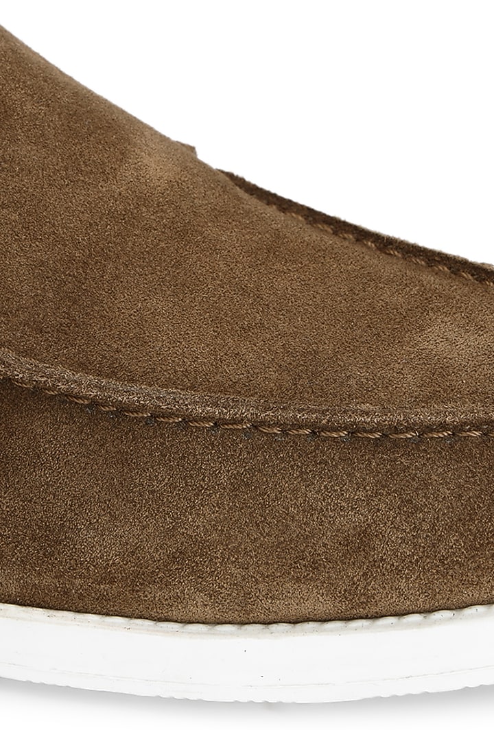 Olive Calfskin Suede Loafers by SHUTIQ at Pernia's Pop Up Shop