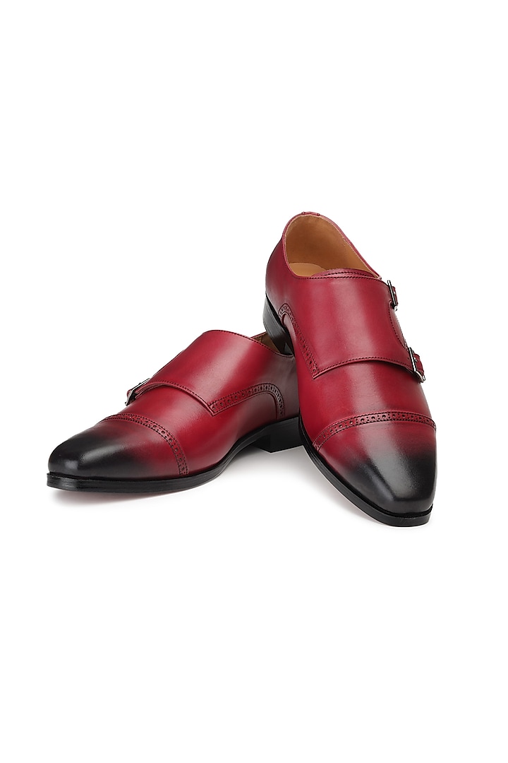 Red Leather Monk Shoes by SHUTIQ