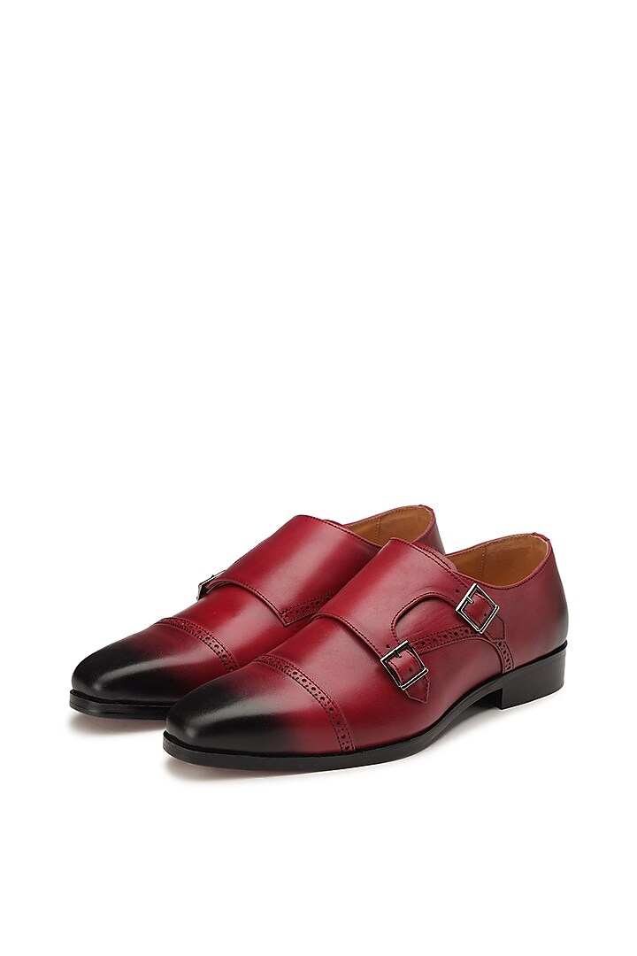 Red Leather Monk Shoes by SHUTIQ at Pernia's Pop Up Shop