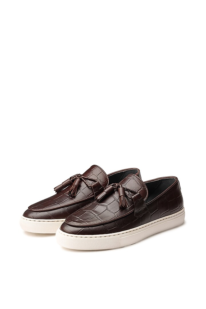 Brown Croco Leather Sneakers by SHUTIQ at Pernia's Pop Up Shop
