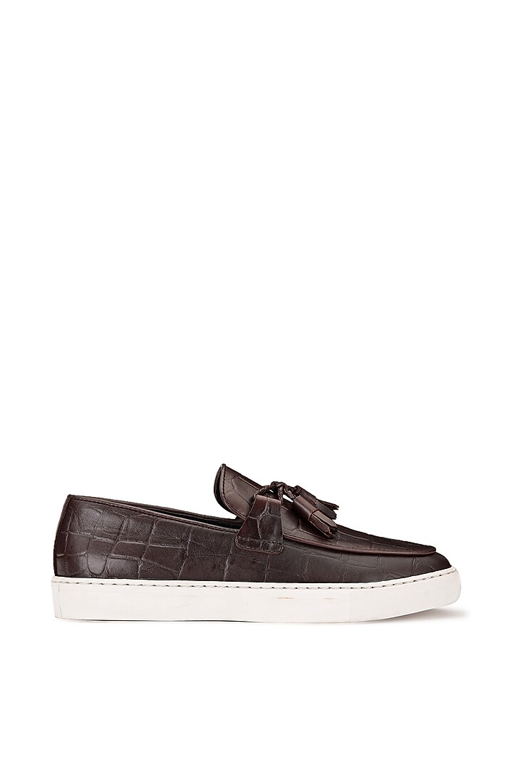 Brown Croco Leather Sneakers by SHUTIQ at Pernia's Pop Up Shop
