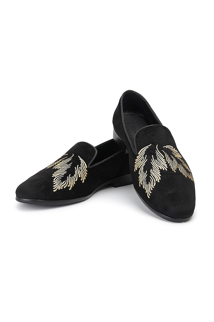 Black Velvet Embroidered Slip-On Shoes by SHUTIQ