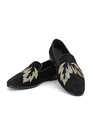 Black Velvet Embroidered Slip-On Shoes by SHUTIQ