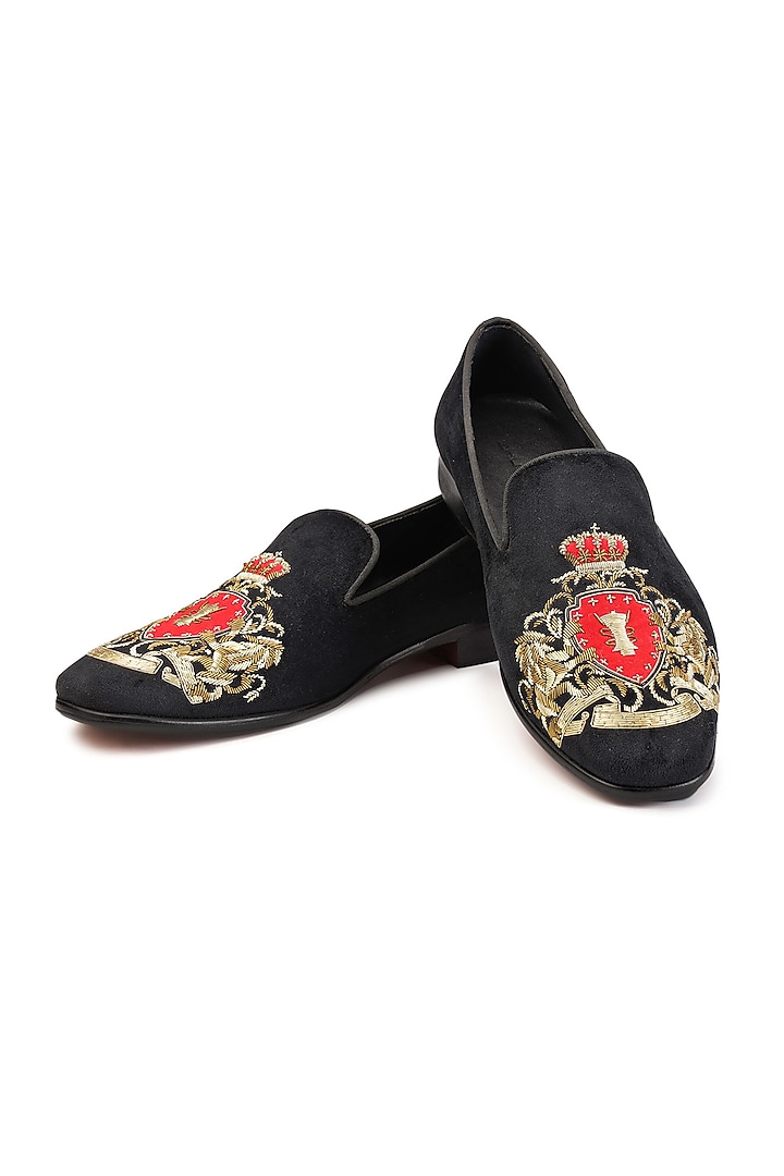 Black Velvet Embroidered Slip-On Shoes by SHUTIQ at Pernia's Pop Up Shop