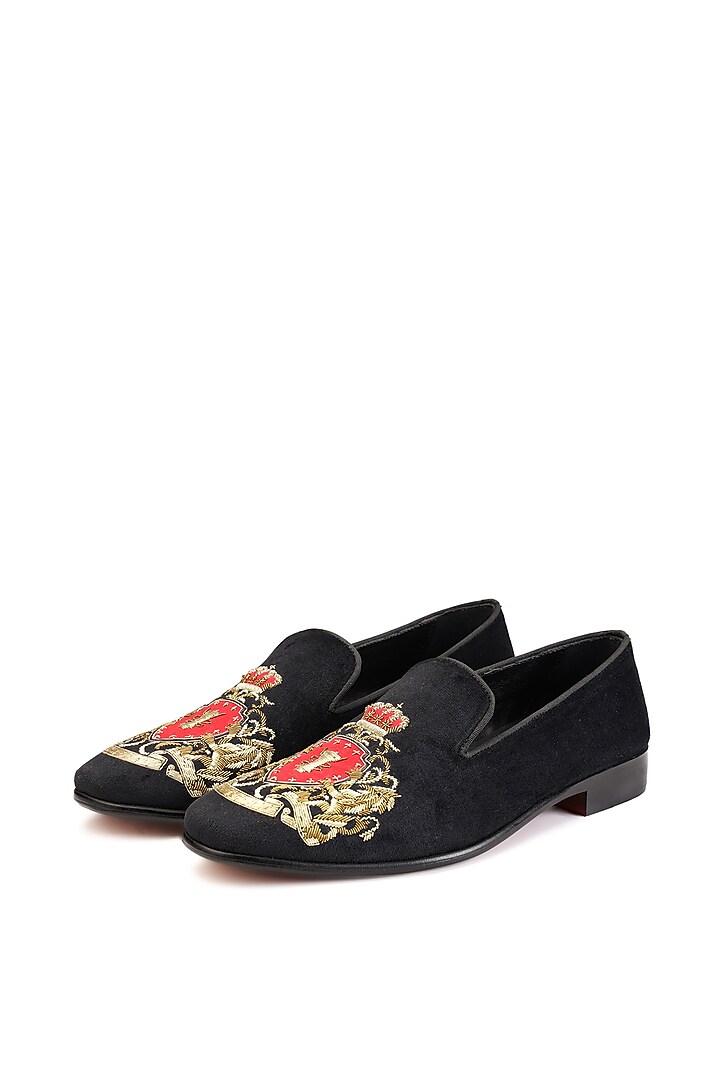 Black Velvet Embroidered Slip-On Shoes by SHUTIQ at Pernia's Pop Up Shop