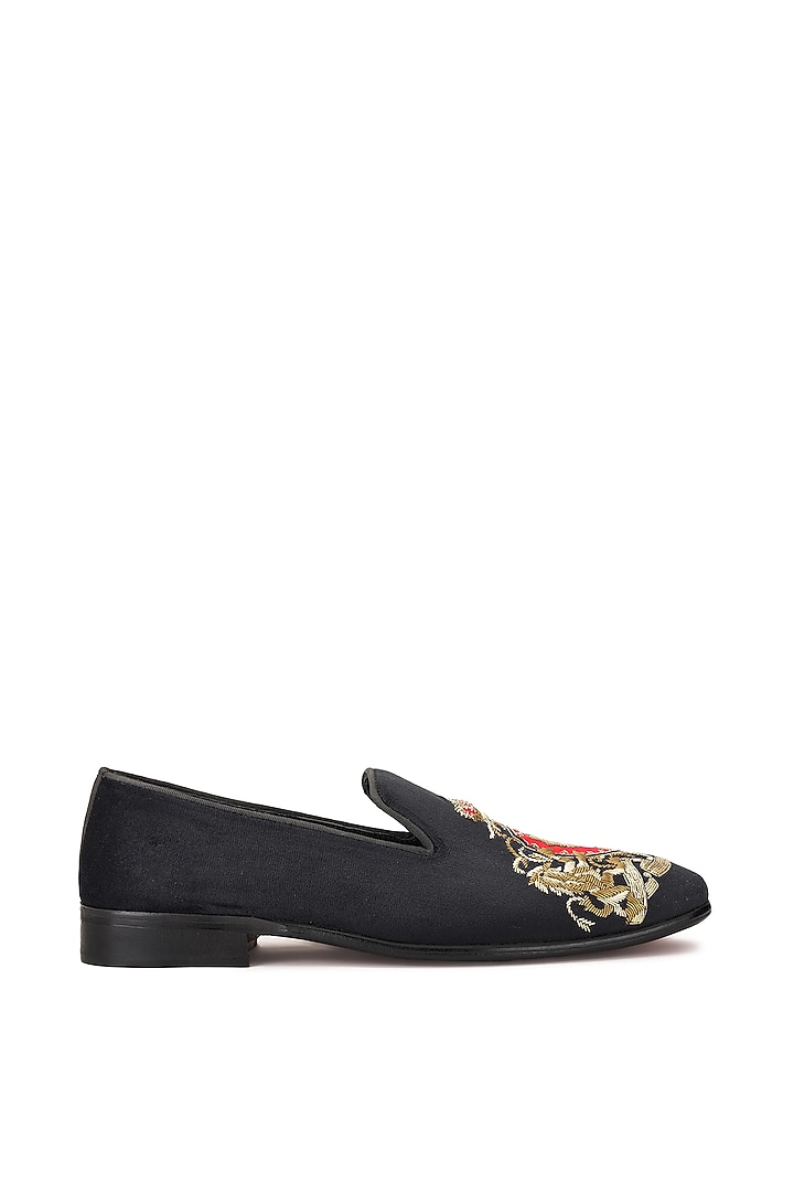 Black Velvet Embroidered Slip-On Shoes by SHUTIQ at Pernia's Pop Up Shop