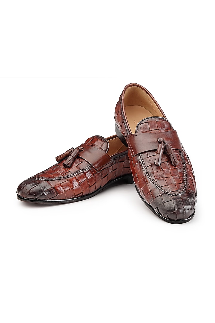 Brown Burnished Woven Leather Slip-On Shoes by SHUTIQ