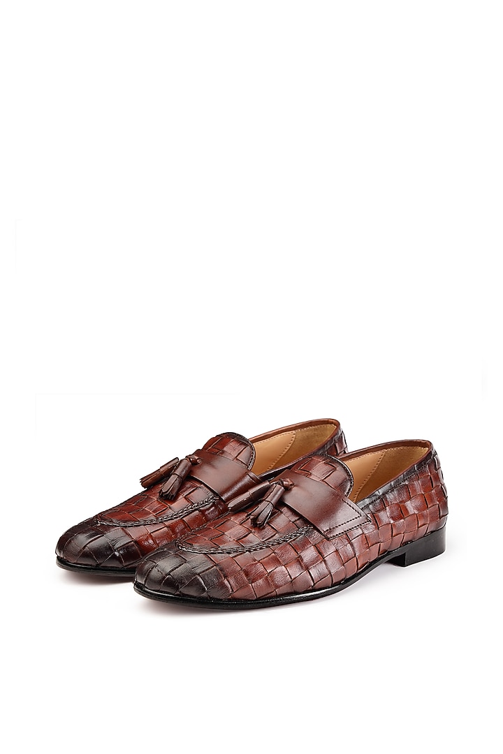 Brown Burnished Woven Leather Slip-On Shoes by SHUTIQ at Pernia's Pop Up Shop