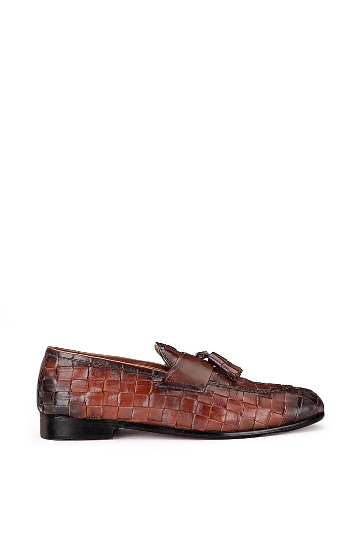 Brown Burnished Woven Leather Slip-On Shoes by SHUTIQ at Pernia's Pop Up Shop
