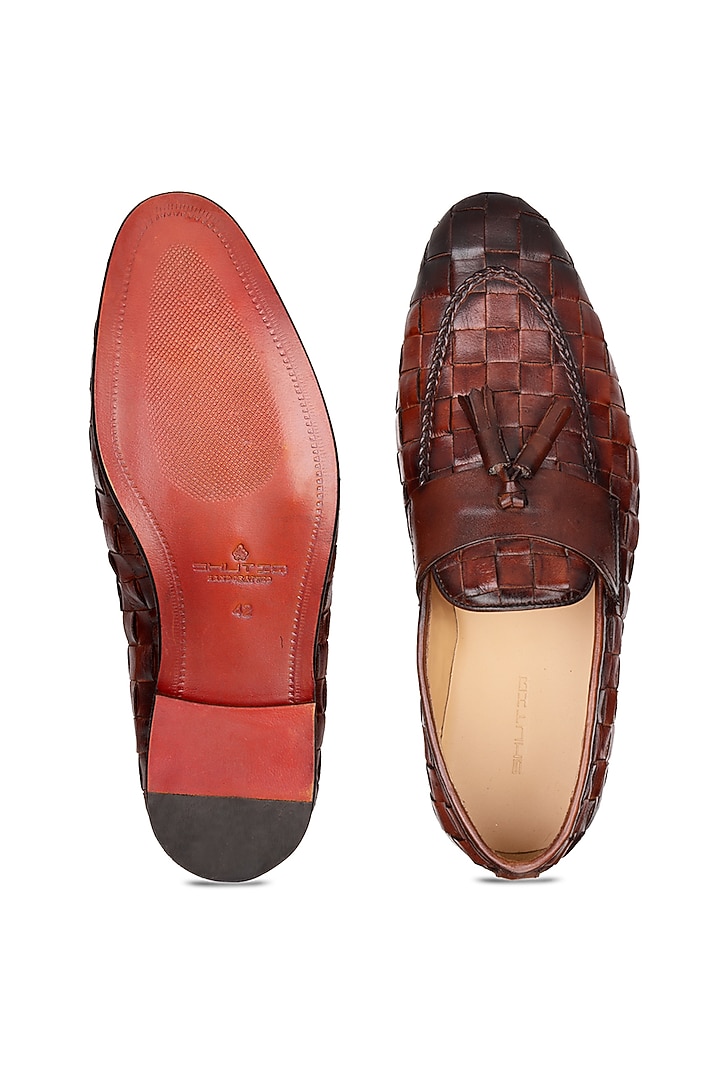 Brown Burnished Woven Leather Slip-On Shoes by SHUTIQ at Pernia's Pop Up Shop