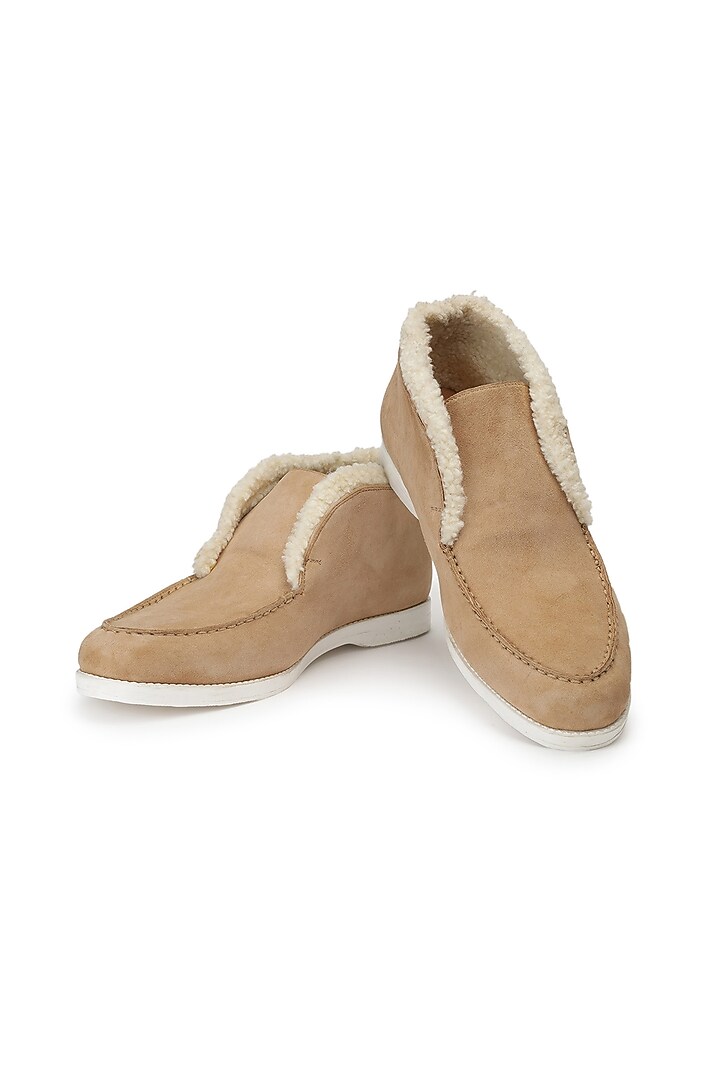 Beige Suede Fur Slip-On Shoes by SHUTIQ at Pernia's Pop Up Shop