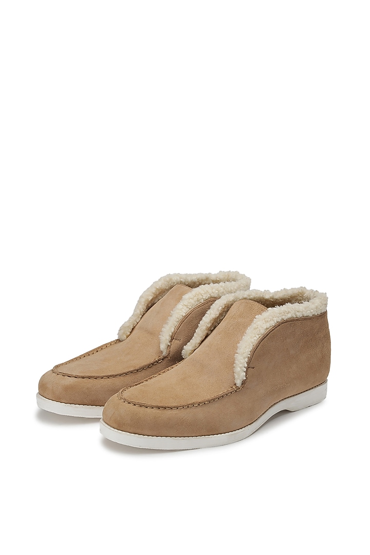 Beige Suede Fur Slip-On Shoes by SHUTIQ at Pernia's Pop Up Shop
