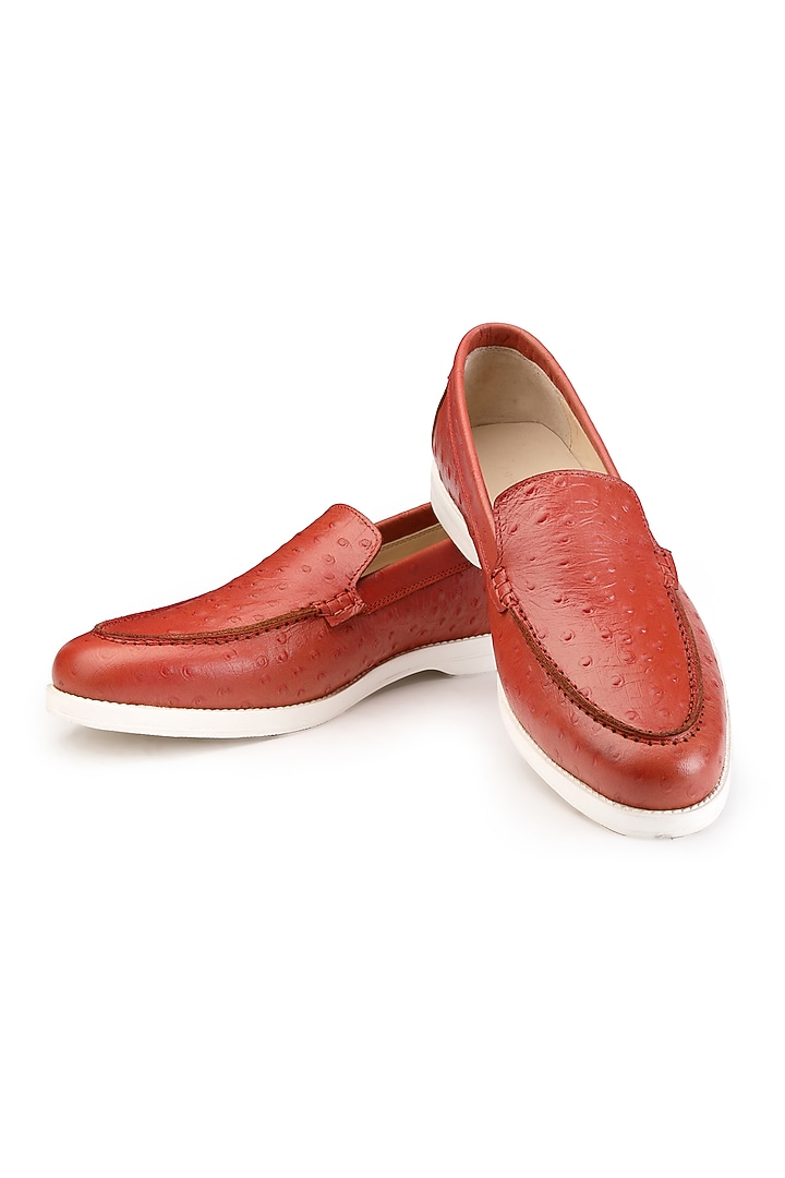 Orange Red Ostrich Leather Slip-On Shoes by SHUTIQ at Pernia's Pop Up Shop