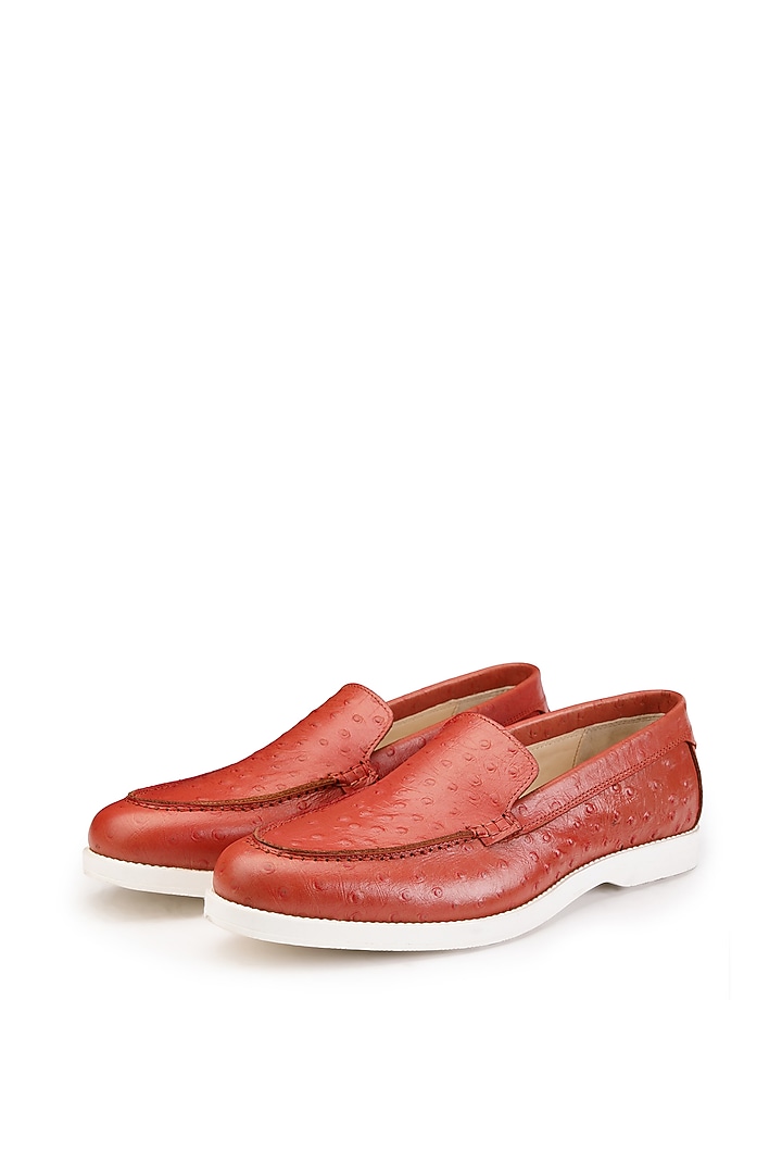 Orange Red Ostrich Leather Slip-On Shoes by SHUTIQ at Pernia's Pop Up Shop