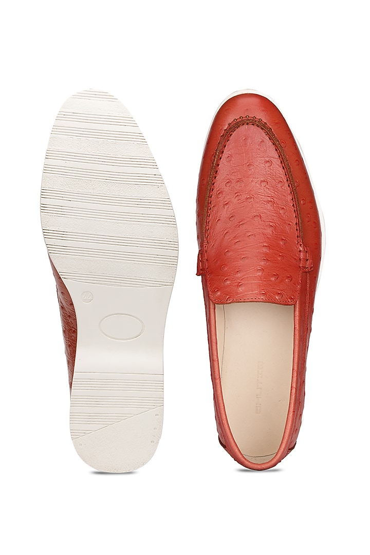 Orange Red Ostrich Leather Slip-On Shoes by SHUTIQ at Pernia's Pop Up Shop