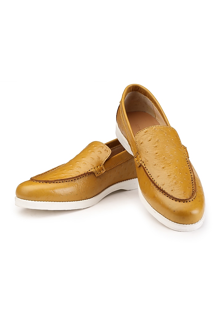 Yellow Ostrich Leather Slip-On Shoes by SHUTIQ at Pernia's Pop Up Shop