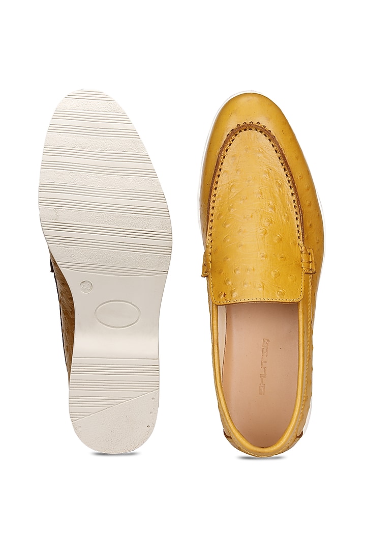 Yellow Ostrich Leather Slip-On Shoes by SHUTIQ at Pernia's Pop Up Shop