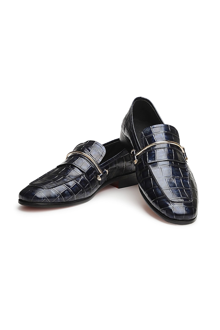 Blue Croco Leather Slip-On Shoes by SHUTIQ at Pernia's Pop Up Shop