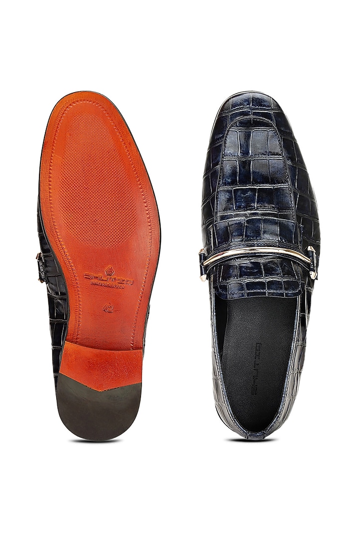 Blue Croco Leather Slip-On Shoes by SHUTIQ at Pernia's Pop Up Shop