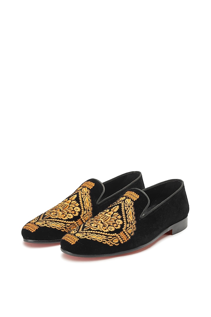 Black Velvet Embroidered Slip-On Shoes by SHUTIQ at Pernia's Pop Up Shop