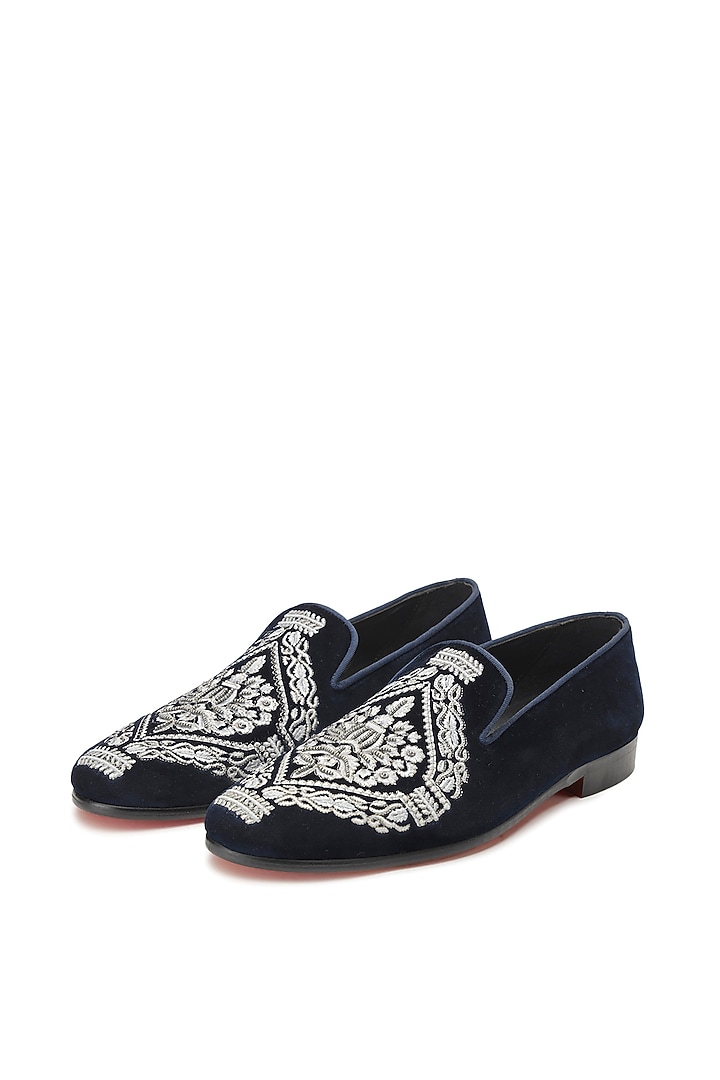 Blue Velvet Embroidered Slip-On Shoes by SHUTIQ at Pernia's Pop Up Shop