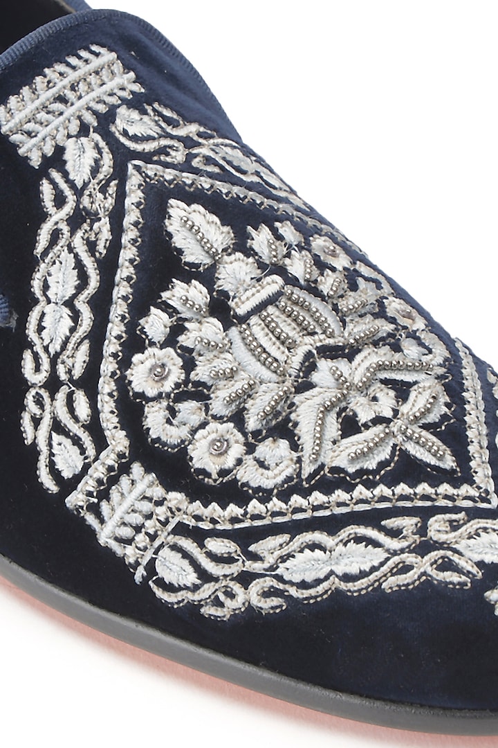Blue Velvet Embroidered Slip-On Shoes by SHUTIQ at Pernia's Pop Up Shop
