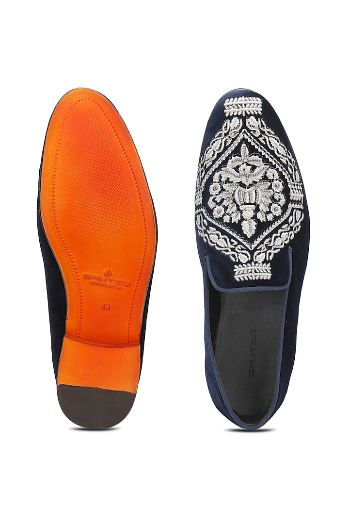 Blue Velvet Embroidered Slip-On Shoes by SHUTIQ at Pernia's Pop Up Shop