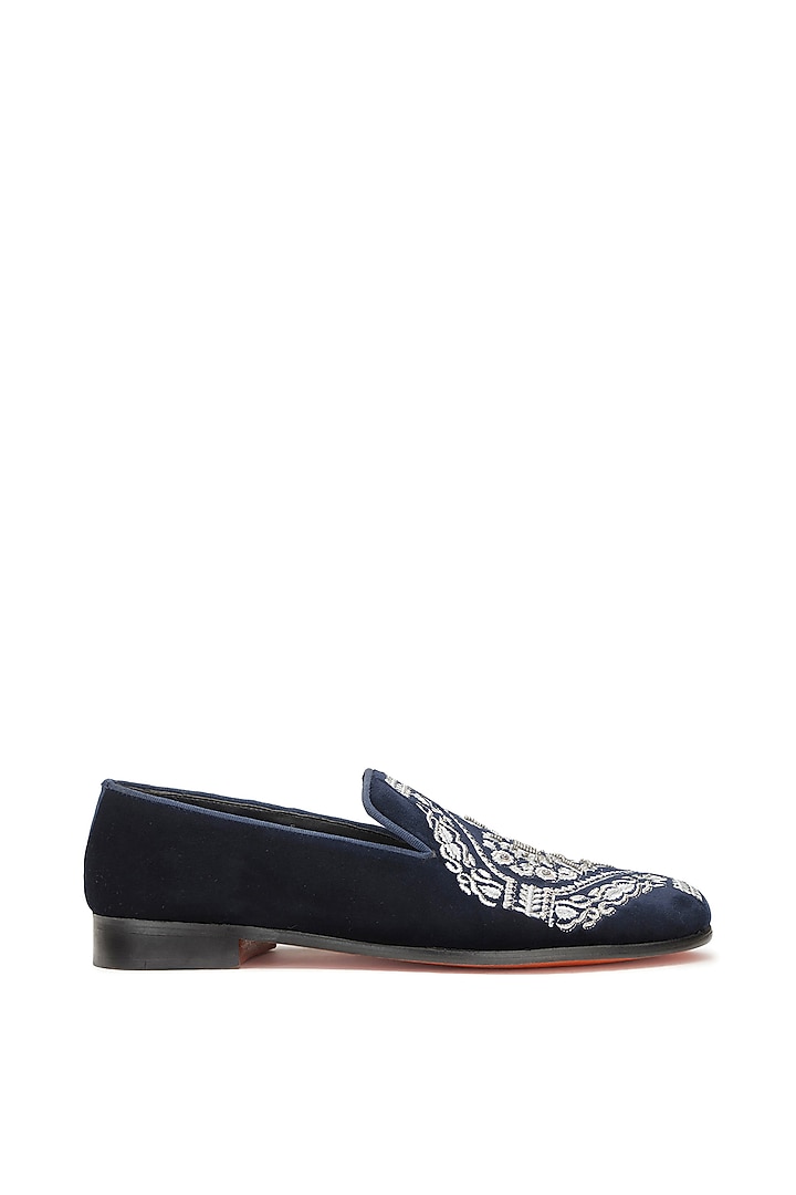 Blue Velvet Embroidered Slip-On Shoes by SHUTIQ at Pernia's Pop Up Shop
