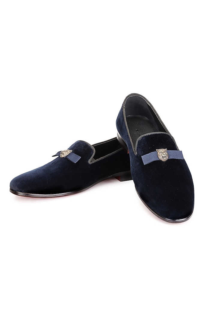 Navy Blue Velvet Slip-On Shoes by SHUTIQ at Pernia's Pop Up Shop