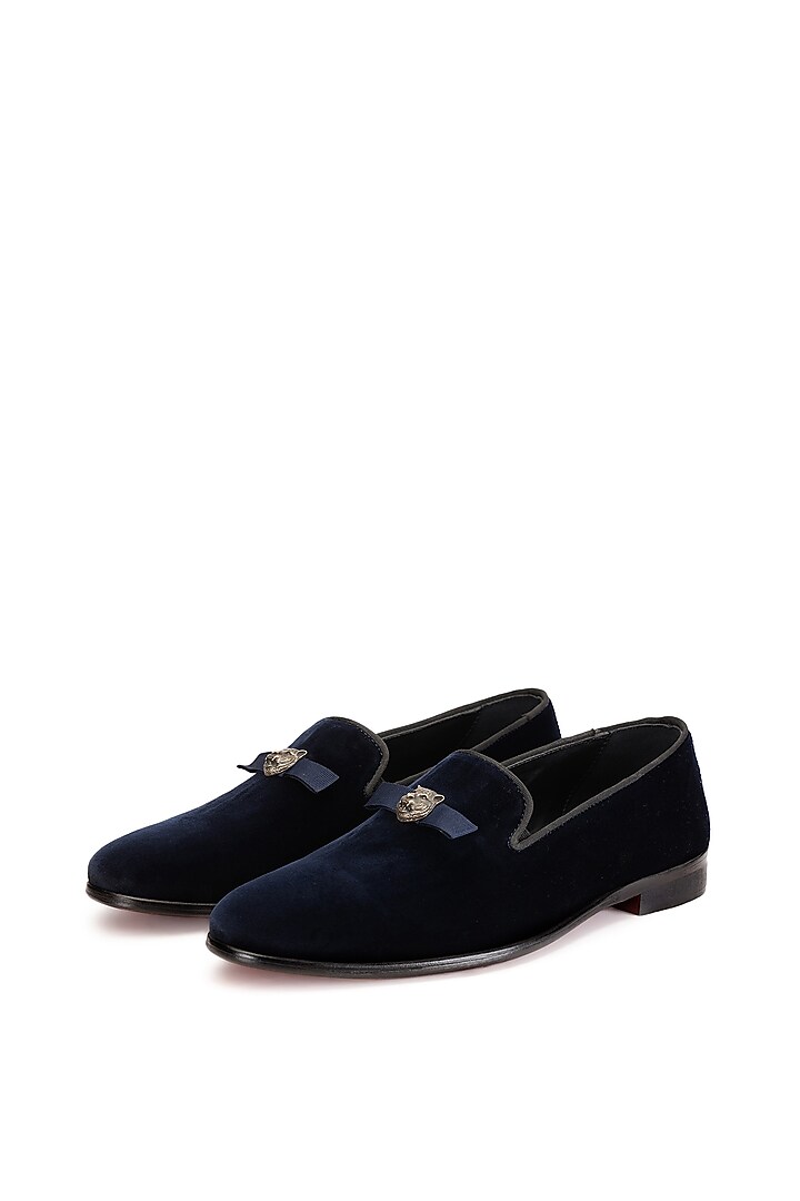 Navy Blue Velvet Slip-On Shoes by SHUTIQ at Pernia's Pop Up Shop