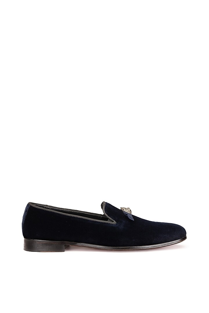 Navy Blue Velvet Slip-On Shoes by SHUTIQ at Pernia's Pop Up Shop