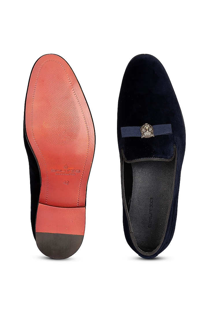 Navy Blue Velvet Slip-On Shoes by SHUTIQ at Pernia's Pop Up Shop