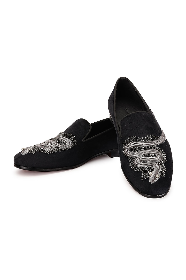 Black Velvet Embroidered Slip-On Shoes by SHUTIQ at Pernia's Pop Up Shop