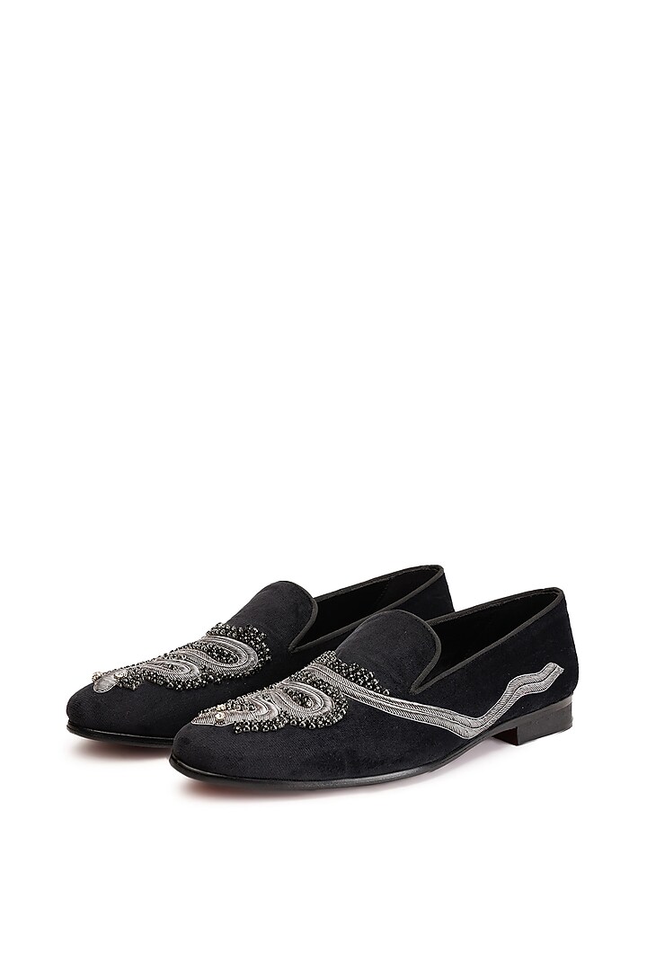 Black Velvet Embroidered Slip-On Shoes by SHUTIQ at Pernia's Pop Up Shop