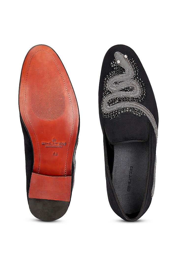Black Velvet Embroidered Slip-On Shoes by SHUTIQ at Pernia's Pop Up Shop