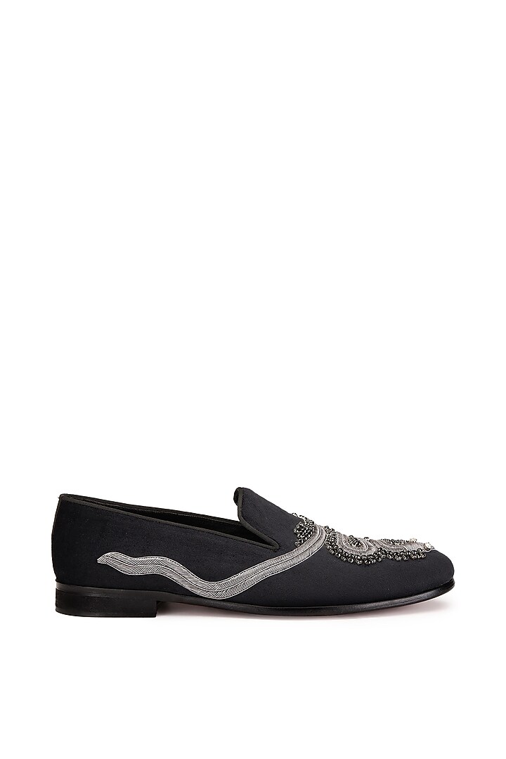 Black Velvet Embroidered Slip-On Shoes by SHUTIQ at Pernia's Pop Up Shop