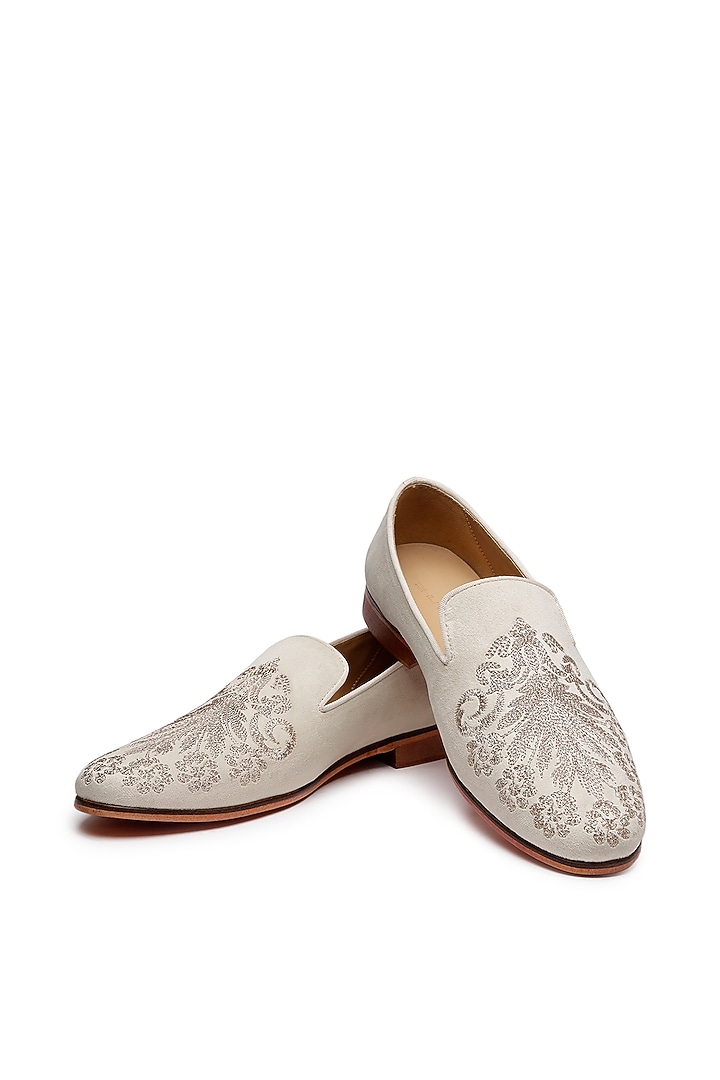 Ivory Velvet Embroidered Slip-On Shoes by SHUTIQ at Pernia's Pop Up Shop