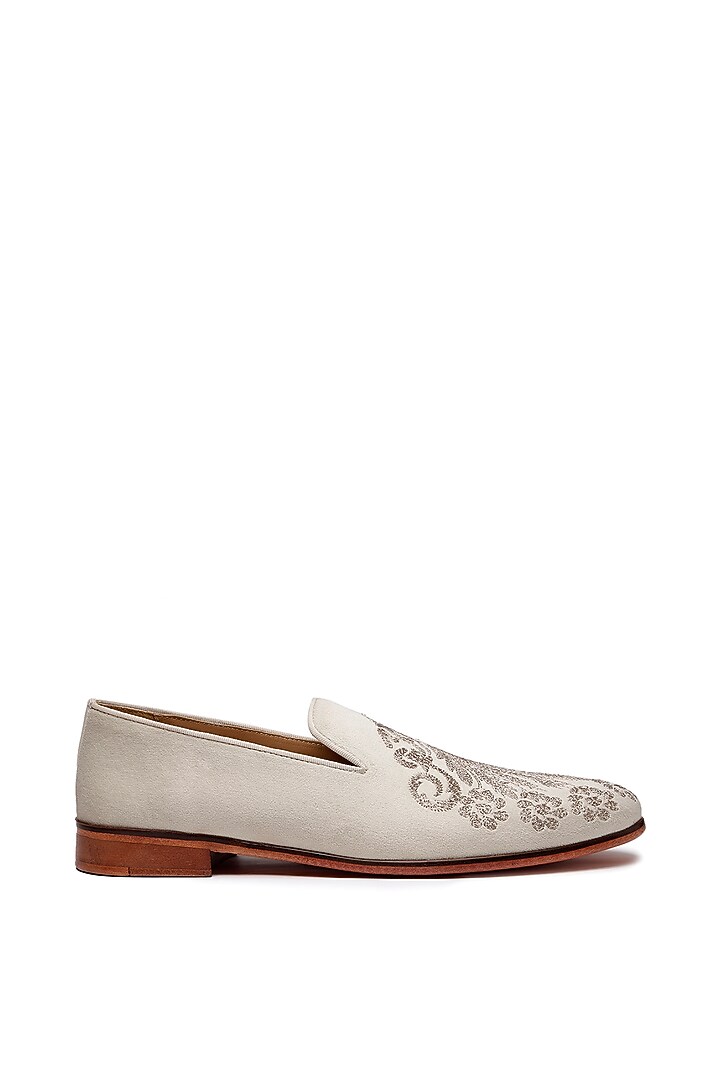 Ivory Velvet Embroidered Slip-On Shoes by SHUTIQ at Pernia's Pop Up Shop