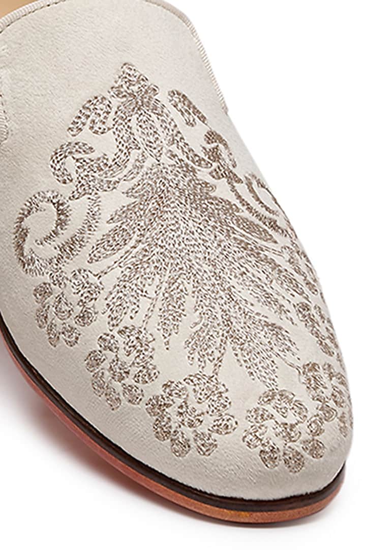 Ivory Velvet Embroidered Slip-On Shoes by SHUTIQ at Pernia's Pop Up Shop