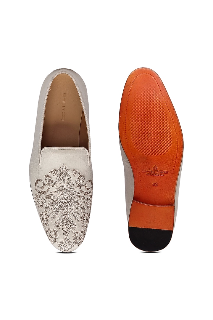 Ivory Velvet Embroidered Slip-On Shoes by SHUTIQ at Pernia's Pop Up Shop