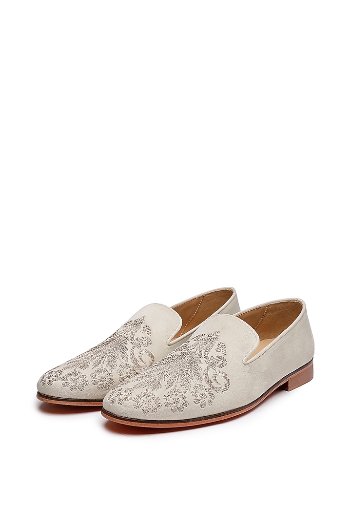 Ivory Velvet Embroidered Slip-On Shoes by SHUTIQ at Pernia's Pop Up Shop