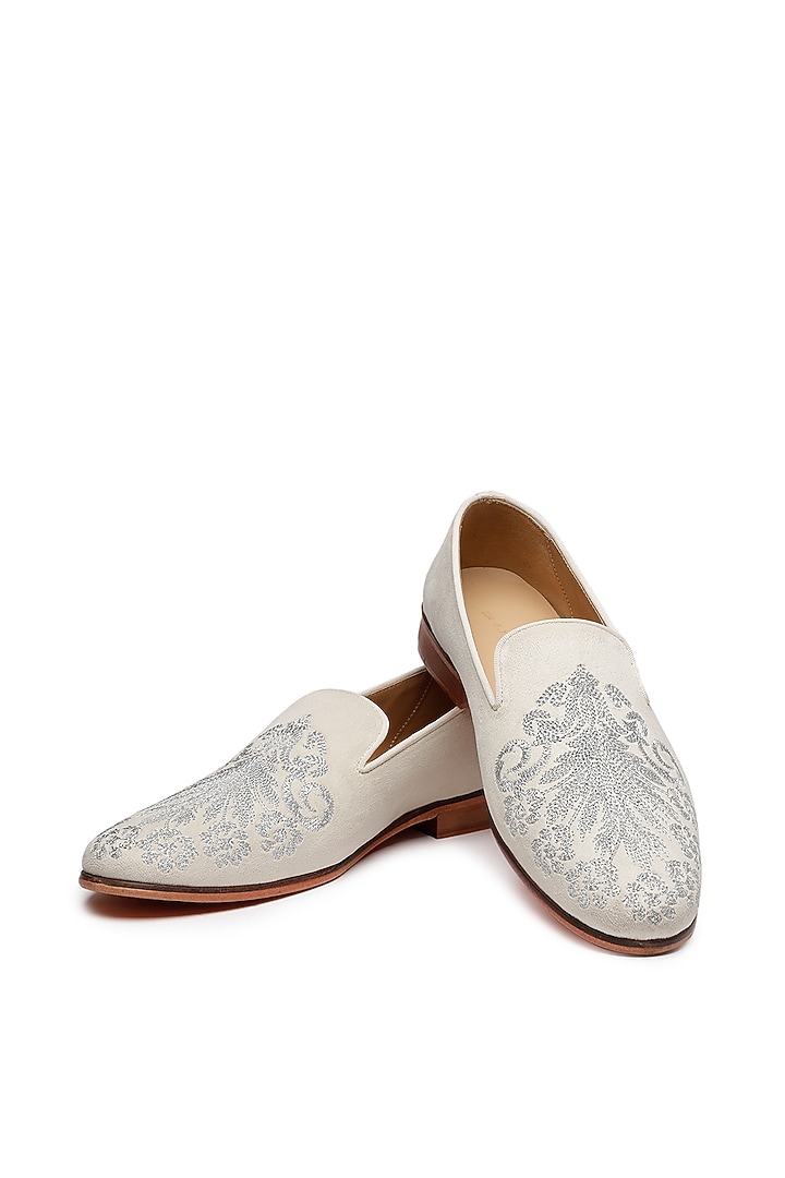 Ivory Velvet Embroidered Slip-On Shoes by SHUTIQ at Pernia's Pop Up Shop