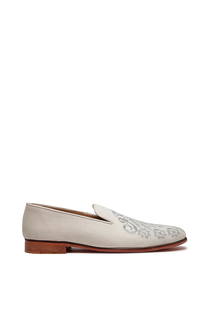 Ivory Velvet Embroidered Slip-On Shoes by SHUTIQ at Pernia's Pop Up Shop