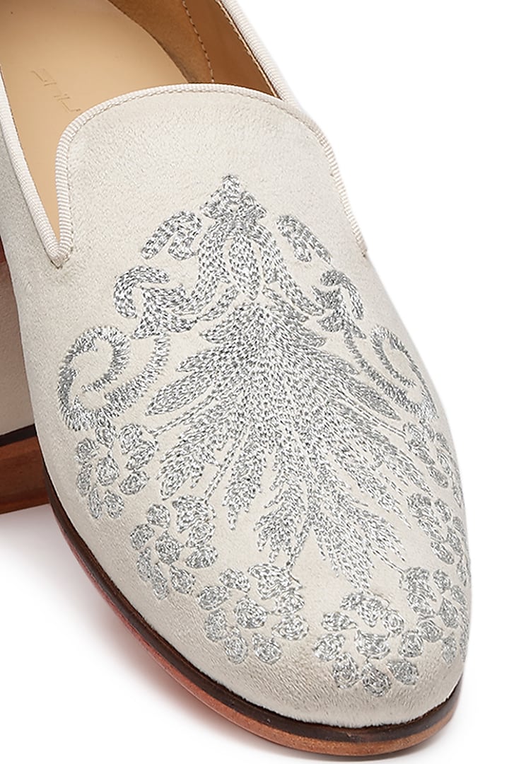 Ivory Velvet Embroidered Slip-On Shoes by SHUTIQ at Pernia's Pop Up Shop