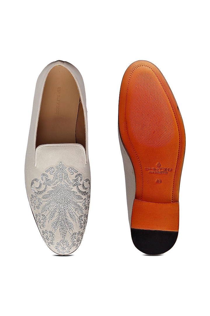 Ivory Velvet Embroidered Slip-On Shoes by SHUTIQ at Pernia's Pop Up Shop
